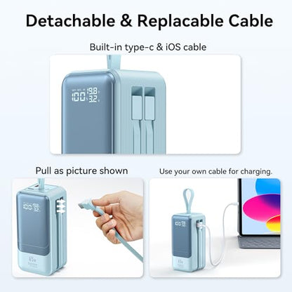 Fast Charging Power Bank 18400mAh 65W Portable Laptop Charger, LED Display, Travel Essential Battery Pack with Built-in USB-C & Lightning Cables for iPhone 16/15/14/13/12 MacBook Samsung - color: Blue