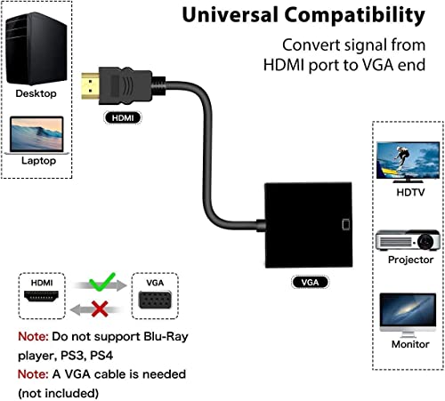 HDMI to VGA Connects Adapter,Gold-Plated HDMI Male to VGA Female Adapter for Computer,Projector, HDTV, Desktop, Laptop, PC, Monitor, Chromebook, Raspberry Pi, Roku, Xbox and More …