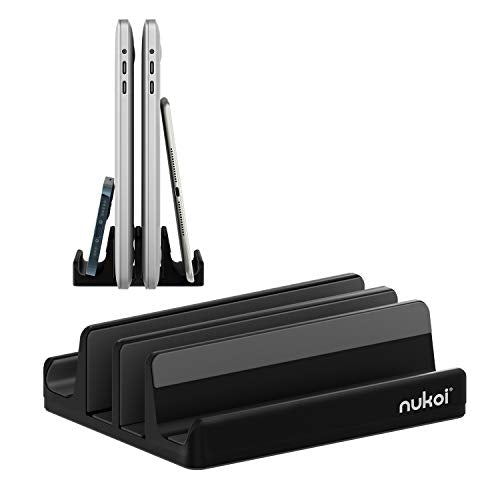 Vertical Laptop Stand - SPACEMax Adjustable GRIPLock Anti-Tip Silicone 4 Slots Aluminum Desktop Holder - Double Dock Stand - 2 Phone Slots Fits Up to 17.3” Laptops, Tablets, Phones - Black - color: Black