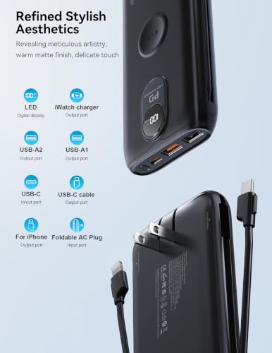 Portable Charger 10000mAh 20W, Wall Plug, 2 Cables, iWatch Charging | Digital Display, Compact Lightweight, USB C Fast Charge, USB-A 18W, Multi Protection, Travel Essential, for iPhone 17 16, Pad - color: Cosmic Black