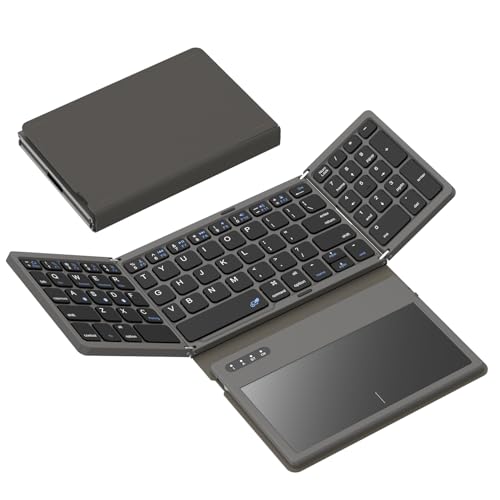 GEODMAER Foldable Bluetooth Keyboard, Portable Full Size Folding Keyboard with Large Touchpad, Numeric Keypad, PU Leather, Wireless TravelKeyboard for Windows iOS Android Mac(Grey) - color: Grey