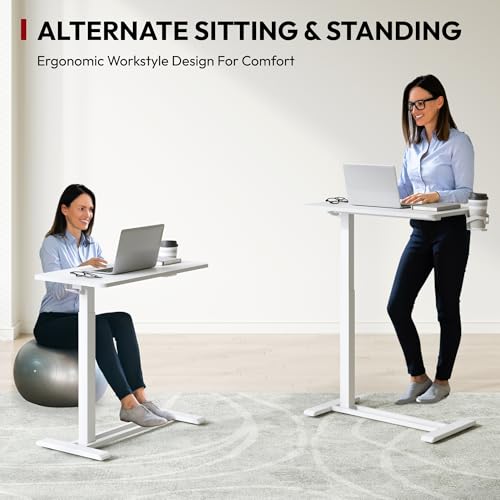 SANODESK Mobile Standing Desk with Hidden Wheels,Pneumatic Laptop Desk Rolling Computer Cart Movable Height Adjustable Small Sit Stand Desk for Home Office(31.5" W x 15.7" D,White) - color: White, size: 32x18