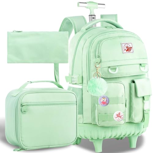 CCJPX Rolling Backpack for Girls Women, 21 inch Roller Wheels School Bookbag, Wheeled Suitcase Backpacks with Lunch Bag for Teen - Green - color: Green