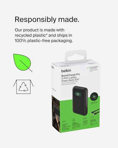 Belkin 20000mAh 65W 3-Port Power Bank for MacBook, iPhone, Switch 2 | Battery Pack, MacBook, Chromebook, iPhone 17, Samsung Galaxy, Nintendo Switch 2, USB C and USB A Ports