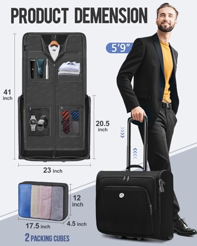MATEIN Rolling Garment Bag with 2 Packing Cubes, Large Travel Garment Bags | Check-in Luggage, 17.3 Inch Laptop Compartment, Wrinkle Free, Wheeled Business Softside Suitcase, For Men and Women, Black - color: Black, size: Large - Checked