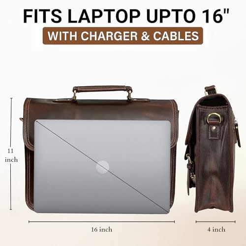 Leather Messenger Bag for Men - 16 Inch Laptop Briefcase, Office Satchel | Fits 16" Laptop & Documents, Top-handle, Removable Shoulder Strap, Brass Fittings, Luggage Sleeve, Organized Pockets - color: Mulberry