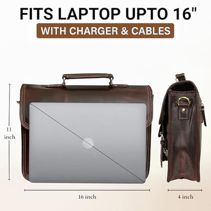 Leather Messenger Bag for Men - 16 Inch Laptop Briefcase, Office Satchel | Fits 16" Laptop & Documents, Top-handle, Removable Shoulder Strap, Brass Fittings, Luggage Sleeve, Organized Pockets - color: Mulberry