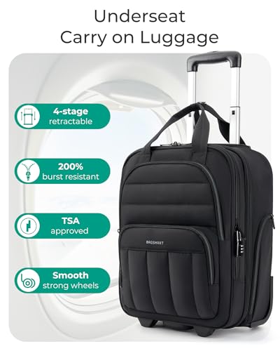 BAGSMART Small Underseat Carry on Luggage with Wheels, 16 inch Small Under Seat Luggage, Lightweight Travel Suitcase for Women, Classic - color: Deep Black
