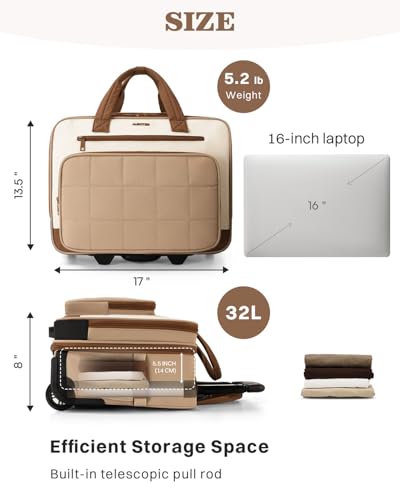 AUROTIER Rolling Puffer Laptop Bag, Rolling Briefcase for Women, Wheeled 16 Inch Computer Bag, Water Resistant Stylish Overnight Underseat Carry On Luggage with Wheels for Work Travel Business, Khaki - color: Khaki