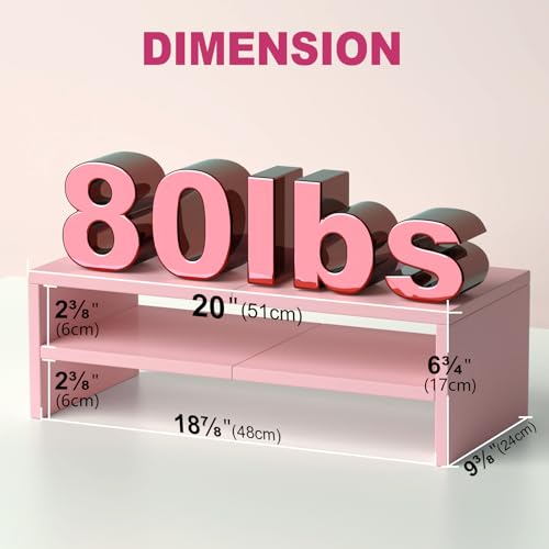 DS502P TEAMIX 20 inch Pink Monitor Riser Stand - 2 Tiers, Wood Desktop Bookshelf - color: Pink, size: 20 x 9.5 x 6.7 inches
