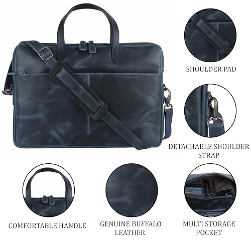 KomalC Leather Laptop Sleeve 15.5" with Trolley Strap, Fits up to 16" Laptop, Slim Office Bag with Shoulder Strap - color: Blue