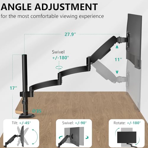WALI Single Long Monitor Arm - Computer Monitor Arm Desk Mount for 13-32 inch, Hold up to 19.8lbs, Extra Long Adjustable Stand, Full Motion Tall Arm, VESA 75/100mm, (GSDM001L) - size: 13"-32", style: Single