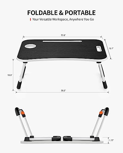 FISYOD Foldable Laptop Table, Portable Lap Desk Bed Table Tray, Laptop Stand with Cup Holder & Tablet Slot & Lifting Handle for Working Writing Drawing & Eating (Black) - color: Black