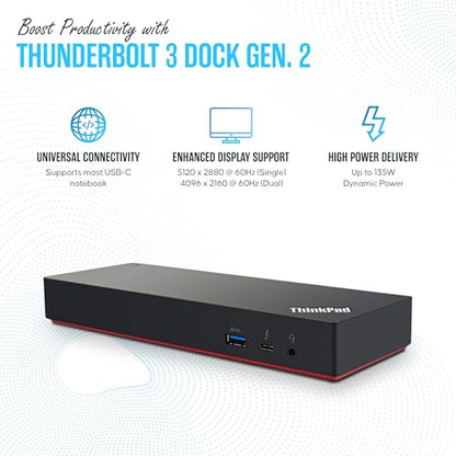 Lenovo 40AN0135US Thunderbolt 3 Dock Gen 2 - Thinkpad Docking Station | Thunderbolt 3/USB-C Ports, Dual 4K 2×HDMI & 2×DP, 135W Power Delivery, 4×USB 3.1 Gen2, RJ45 Ethernet, Audio, Security Lock