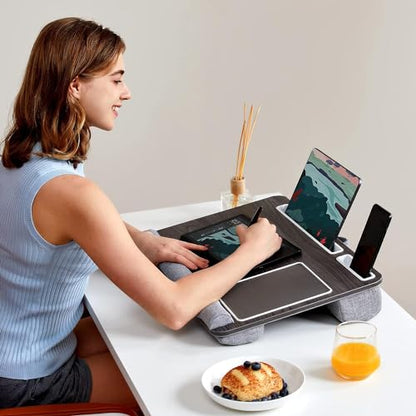 HUANUO Lap Desk - Fits up to 17 inches Laptop Desk, Built in Mouse Pad & Wrist Pad for Notebook, Laptop, Tablet, Lap Stand with Tablet, Pen & Phone Holder, Black Woodgrain - color: Black Woodgrain