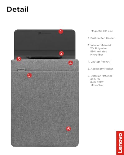 Lenovo Slim Laptop Sleeve 16 Inch Notebook/Tablet - Compatible with MacBook Air/Pro - Eco-Friendly Lightweight Case with Accessory Pocket & Magnetic Closure - Grey - color: Grey, size: 16-inch