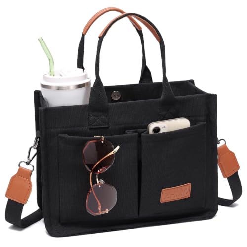 Canvas Tote Bag for Women,Women's Bags Crossbody Bags Work Laptop Tote Bag Large Handbags Purse for Travel Nurse Teacher - color: Canvs Demure Black With Compartments