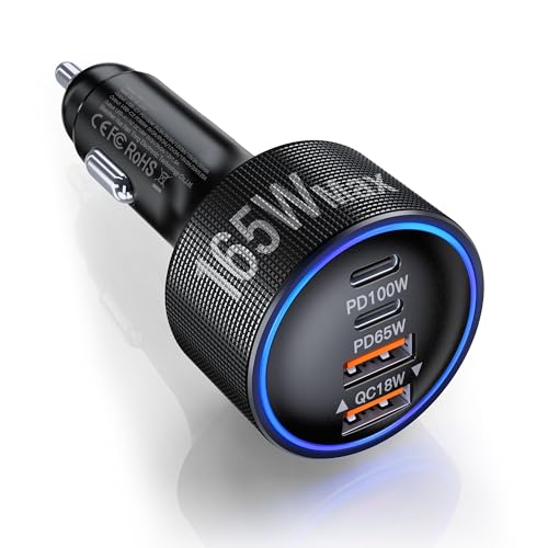 165W USB-C Car Charger, 4-in-1 Super Fast Charging Cigarette Lighter Adapter, Dual USB-C & USB-A Multi-Port Car Phone Charger Accessory, for iPhone 17/16/15, iPad, Galaxy, Tablets and Other Devices - size: 165W