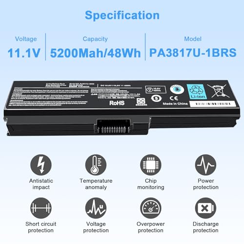 48Wh PA3817U-1BRS Battery Replacement for Satellite C655 C675 C675D L645 L645D L655 L655D L675 L675D L745 L755 L755D P745 P755 P775 M645 A660 A655 PA3817U Series Laptop Battery - color: T3817 BATTERY