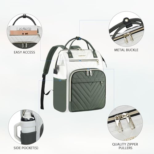 VANKEAN 15.6 Inch Laptop Backpack for Women Large Capacity Waterproof Daypack - color: Beige/Army Green, size: 15.6 Inch
