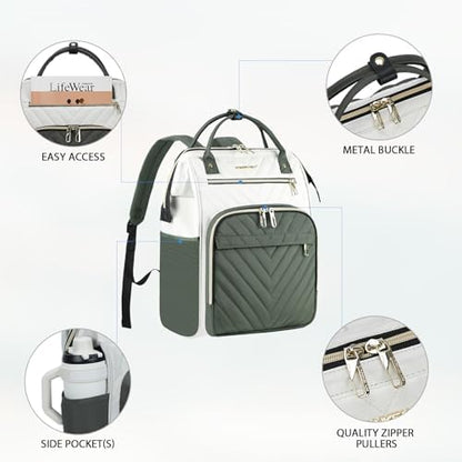 VANKEAN 15.6 Inch Laptop Backpack for Women Large Capacity Waterproof Daypack - color: Beige/Army Green, size: 15.6 Inch