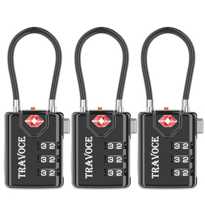 Search Alert TSA Approved Travel Combination Luggage Cable Locks for Suitcase, Gym Locker,Toolbox,Backpack 1,2,4,6 &10 pk (Black 3 Pack) - color: Black 3 Pack