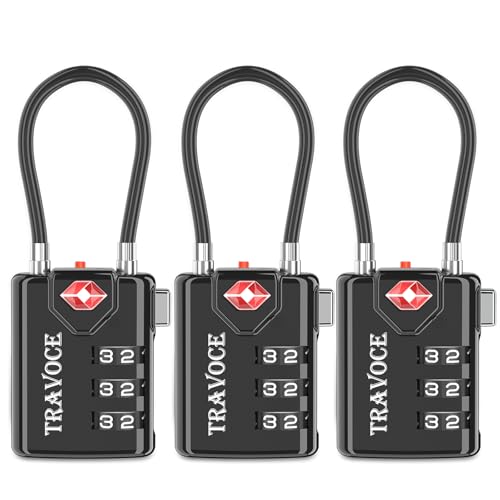 Search Alert TSA Approved Travel Combination Luggage Cable Locks for Suitcase, Gym Locker,Toolbox,Backpack 1,2,4,6 &10 pk (Black 3 Pack) - color: Black 3 Pack