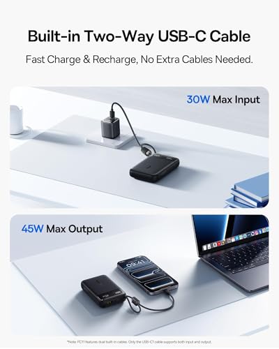 Baseus 20000mAh Compact Portable Charger 45W, CCC Certified Power Bank Built-in USB-C Cables, Travel Essential PD Fast Charging Battery Pack for iPhone 17/16 Series Galaxy S25/S24 Ultra Google iPad - color: Black