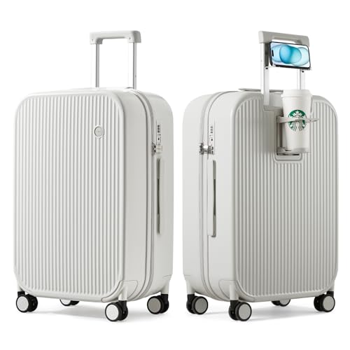 mixi Checked Luggage with Cup Phone Holder Hard Shell Rolling Travel Suitcase with Spinner Wheels,24 Inch Smoke White - color: Smoke White, size: 24-inch