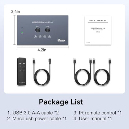 USB 3.0 Switch 2 Computers Share 4 USB Devices with IR Remote 4 Port Hub USB KVM Control 5Gbps Data Sharing for Keyboard Mouse Printer Scanner