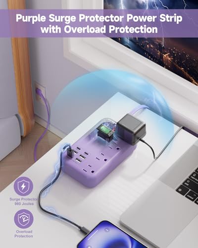 6 USB (2 USB C) Purple Travel Power Strip,5 Feet Lavender Extension Cord | 6 USB,2 USB C,24W USB Charging Station,4 Outlets,Surge Protector,Purple Desk Accessories,Cute Kawaii Office Dorm Room,5 foot - size: Purple-24W USB-5ft-980J