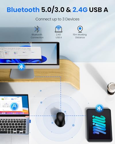 TECKNET Wireless Mouse Bluetooth 5.0/3.0 & 2.4G Rechargeable, Silent Clicks, Adjustable 4800 DPI, 6 Buttons, Ergonomic Design, Bluetooth Mouse for Laptop, Computer, ipad-Dark - color: Dark