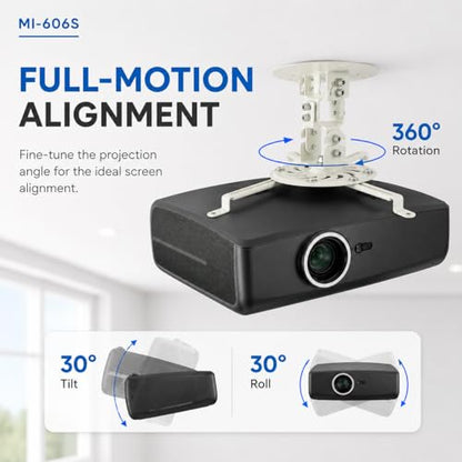 MOUNT-IT! Low Profile Projector Ceiling Mount [30 lbs Capacity] Universal Bracket | 360 Full Motion Rotation with 30 Degree Tilt and Roll | 6 Inches High (White | Short) - style: Short