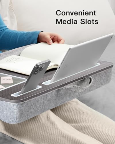 HUANUO Lap Desk - Fits up to 17 inches Laptop Desk, Built in Mouse Pad & Wrist Pad for Notebook, Laptop, Tablet, Lap Stand with Tablet, Pen & Phone Holder, Black Woodgrain - color: Black Woodgrain
