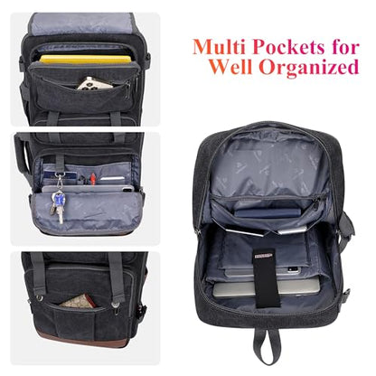 WITZMAN Canvas Travel Backpack for Men Large Laptop Backpack Fits 16 Inch | Expandable 32L to 42L, Carry-on Airline Approved Convertible Shoulder Rucksack, For Vacation, Overnight Trip, A6617 Black - color: Black