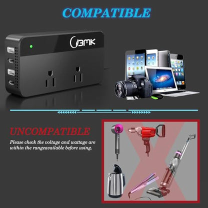 200W Car Power Inverter 12V DC to 110V AC Converter with 2 AC Outlets & 4 USB Ports, Dual QC3.0 + 2 USB-C PD 18W, Cigarette Lighter Plug Adapter for Laptop Tablet Road Trip