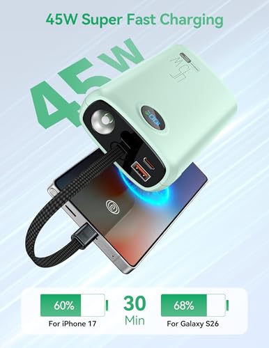 DIAMUAR Portable Charger 20000mAh 45W, Built in USB C Cable, 3W Flashlight | Fast Charging, Digital Display, 3 Ports, All-Day Power, Travel-Ready, for iPhone 17/16/15, Tablet, Laptop, Camping Essentials - color: Green