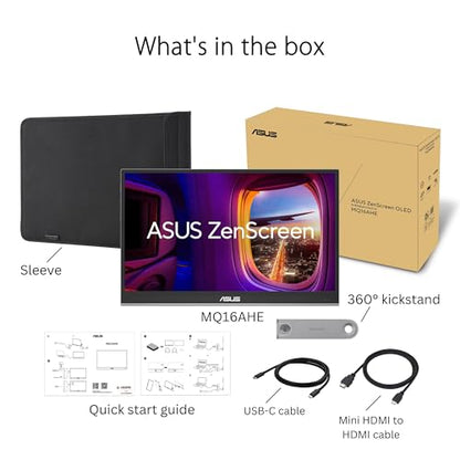 ASUS ZenScreen 16” OLED USB-C portable monitor (MQ16AHE) – Full HD, 100% DCI-P3, 1ms, HDR-10, Mini HDMI, Eye Care, Proximity Sensor, 360° kickstand, Compatible with Laptops, Smartphones, 3 yr warranty - style: 16" OLED USB-C kickstand