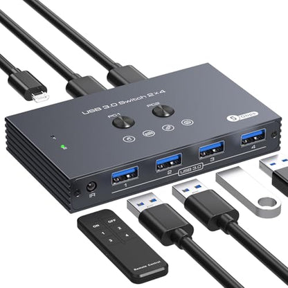 USB 3.0 Switch 2 Computers Share 4 USB Devices with IR Remote 4 Port Hub USB KVM Control 5Gbps Data Sharing for Keyboard Mouse Printer Scanner