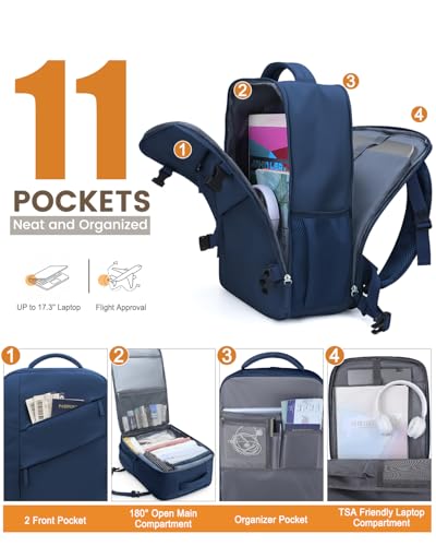 Capolo Travel Laptop Backpack Women Carry On Backpack Weekender Travel Bag | 25L Flight Approved,Waterproof Overnight Bag,College Bookbag,Work,3-4 Day Travel,Fits 17" Laptop (Large,Navy Blue) - color: Navy Blue, size: Large