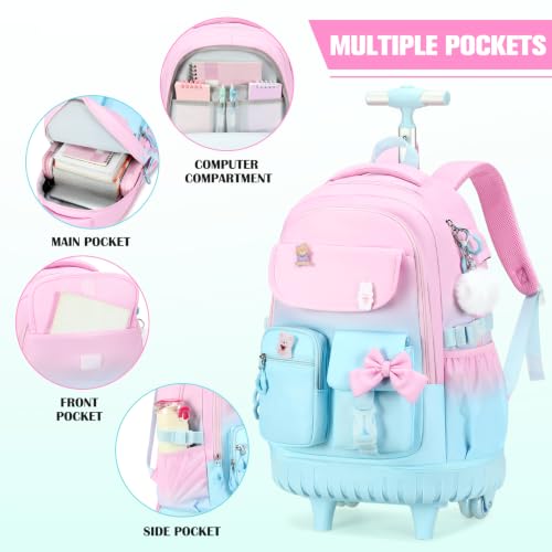 ACESAK Rolling Backpack for Girls - Roller Wheels School bag with Lunch Bag & Pencil Pouch for Teen Girls Kids Wheeled Suitcase Backpacks, Elementary Middle School Travel Daypack(Pink Blue) - color: Pink Blue