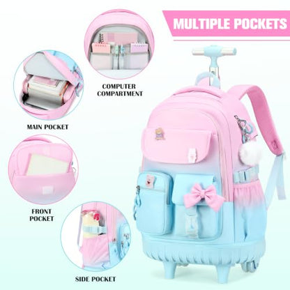 ACESAK Rolling Backpack for Girls - Roller Wheels School bag with Lunch Bag & Pencil Pouch for Teen Girls Kids Wheeled Suitcase Backpacks, Elementary Middle School Travel Daypack(Pink Blue) - color: Pink Blue