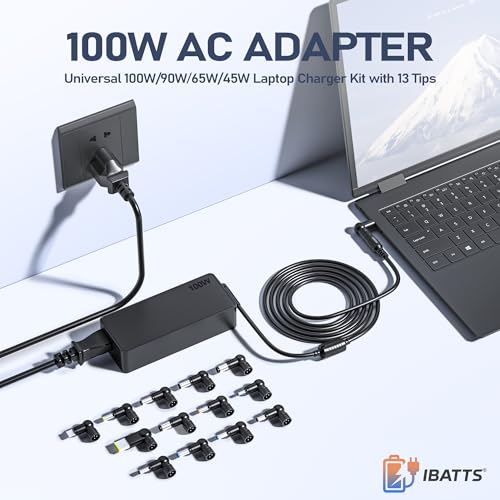 100W USB-C Laptop Charger with 13 Tips, Universal AC Adapter Compatible with Dell HP MacBook Vivobook ThinkPad IPad Lenovo Acer Asus Samsung, 90W 65W 45W Chromebook Power Supply
