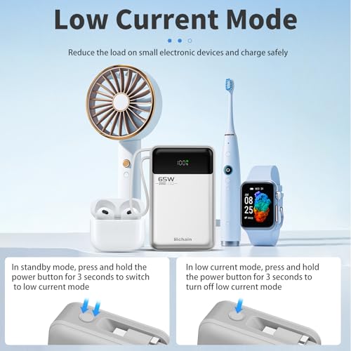Hichain Laptop Power Bank 65W 20000mAh Portable Charger Silver | with Built-in USB-C Cable 3-Port Fast Charging Battery Pack for MacBook iPhone Series Android Switch Travel Essential - color: Silver