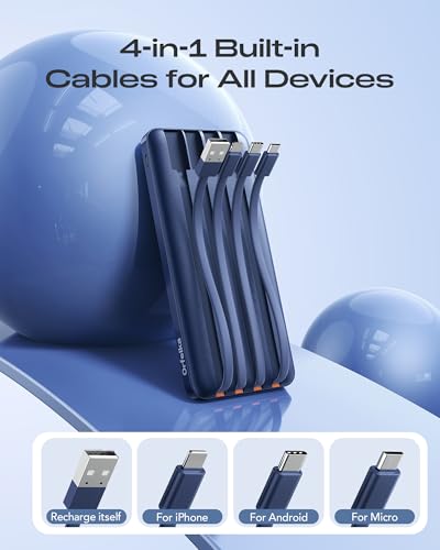 Orfeika 20000mAh Power Bank Fast Charging, Portable Charger with 4 Built-in Cables & 6 Outputs, 20W PD USB C Battery Pack Compatible with iPhone 16/15, Galaxy, Android, iPad & More (Travel Essential) - color: Navy Blue
