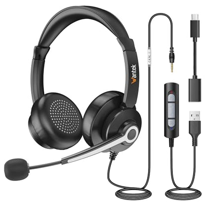 Wantek USB & 3.5mm Headset with Mic for PC/Laptop,Wired Headset with Noise-Cancelling Microphone & Audio Controls Perfect for Home Office Online Class Skype Zoom Call Center Webinar,All Day Comfort