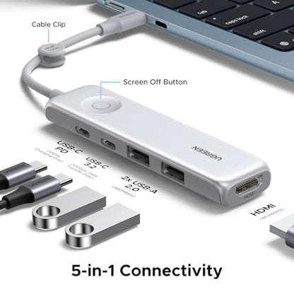 UGREEN USB C Hub 5-in-1 Revodok, Slim Portable USB-C Adapter | 100W PD Charging, 4K@60Hz HDMI, 10Gbps USB 3.2 Data Ports, Lock-Screen Button & Cable Clip for MacBook Air/Pro, iPad, Laptops