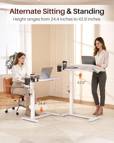Overbed Table with Wheels, Pneumatic Lift and Tilting Top (White) | Height Adjusts 24.4–42.9 In, Desktop Tilts 0°–70° With Hidden Casters, Cup Holder, Pen Holder And Headphone Hook - color: White