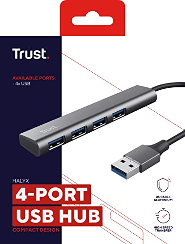 Trust Halyx USB Hub 4-Port USB-A 3.2 Gen 1, 5 Gbps Data Transfer Speed, Thin and Compact Data Hub, Plug & Play, Slim Portable USB Splitter for Computer, PC, Desktop, Laptop, MacBook