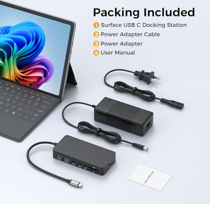 Surface Thunderbolt 4 Docking Station, 12-in-1 Surface Pro Dock Dual 4K@60Hz HDMI VGA Triple Monitor Adapter Compatible with Microsoft Surface Pro 13 12 11 10 9 8 7 X, Surface Laptop 7 6 5, Go, Book